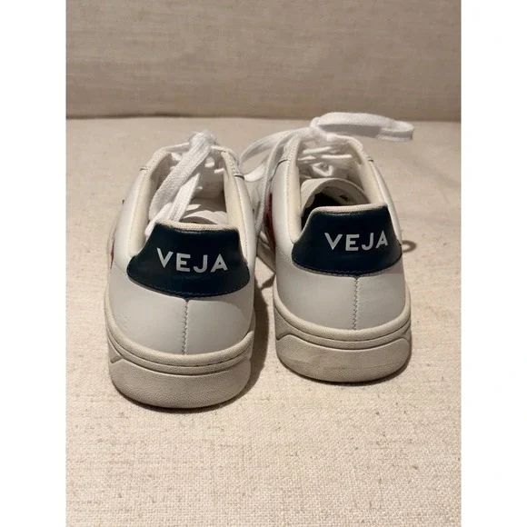 Veja V-12 Leather Sneakers White Red V Navy Heel Tab Size 39 - Picture 4 of 7